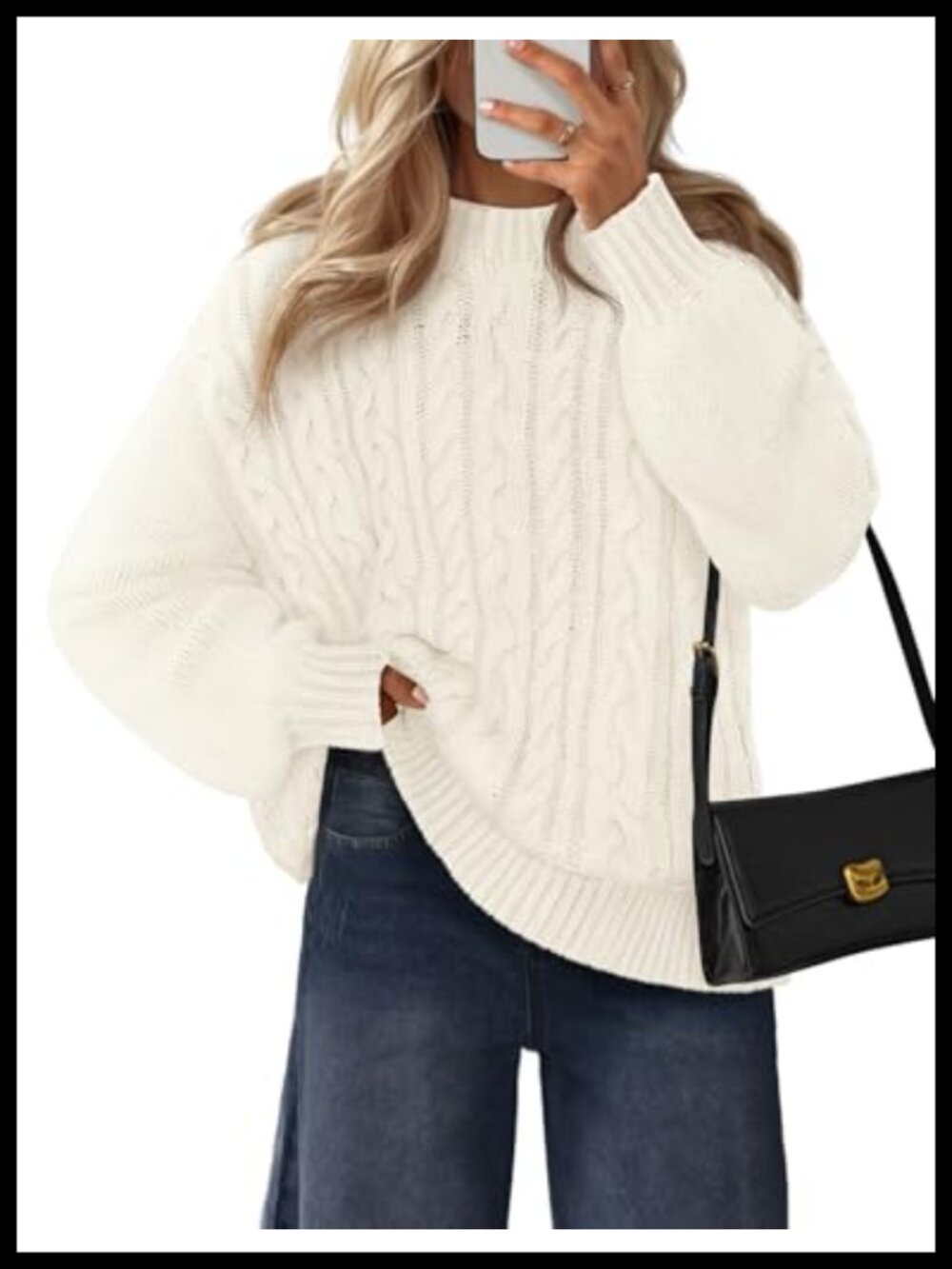 Womens Cable Knit Sweater Long Lantern Sleeve Chunky Pullover Crewneck
